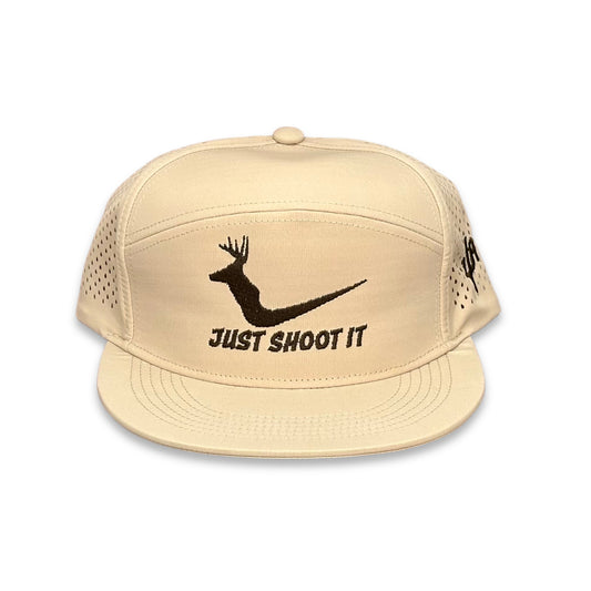 "Just Shoot It White Tail- Chocolate Stitch" - Zapped Khaki 7 Panel/Laser Holes, Snapback Cap (2025)