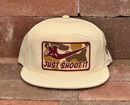 "Just Shoot It Pig- Camo" - Zapped Khaki 7 Panel/Laser Holes, Snapback Cap (2025)
