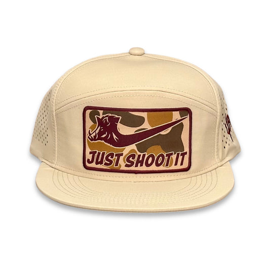 "Just Shoot It Pig- Camo" - Zapped Khaki 7 Panel/Laser Holes, Snapback Cap (2025)