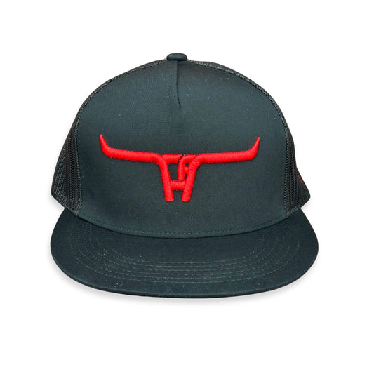 "CA Longhorn" Red Puff - 6006 Black/ Black Mesh, Snapback Cap (2024)