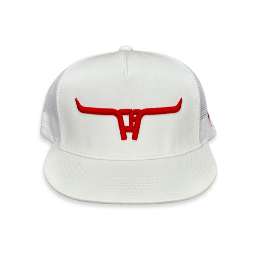 "CA Longhorn" Red Puff - CA 6006 White/ White Mesh, Snapback Cap (2024)