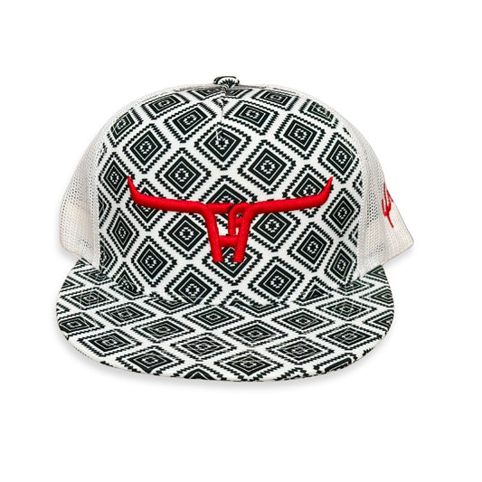 "CA Longhorn" Red Puff - Black Aztec/White Mesh, Snapback Cap (2024)
