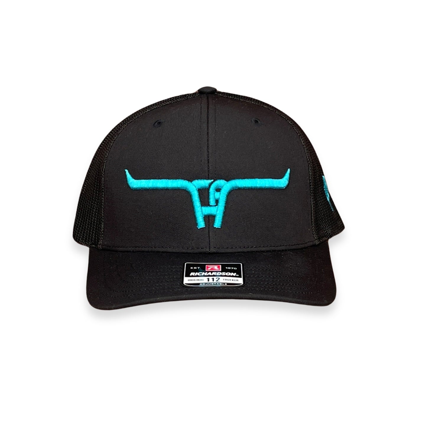 "CA Longhorn" Turquoise Puff - Richardson 112 Black/ Black Mesh, Snapback Cap (WESA JAN 2024)