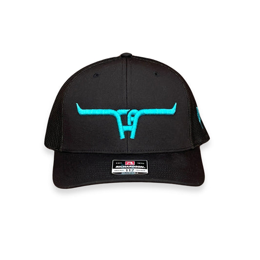 "CA Longhorn" Turquoise Puff - Richardson 112 Black/ Black Mesh, Snapback Cap (WESA JAN 2024)