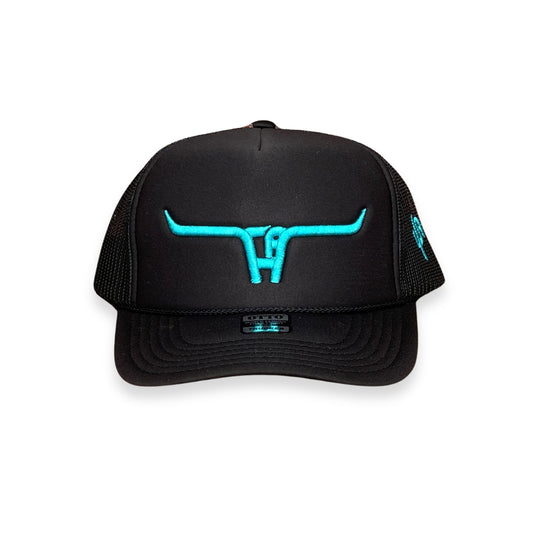 "CA Longhorn" Turquoise Puff - Black Foam Front/ Black Mesh, Snapback Cap (WESA JAN 2024)