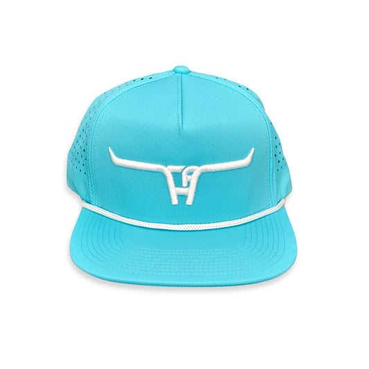 "CA Longhorn" White Puff - CA Turquoise Laser Holes/ White Rope, Snapback Cap (2024)