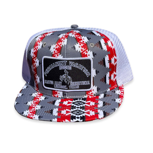 "Permanent Vacation- Black"- CA Red/White Aztec, Snapback Cap (WESA JAN 2024)