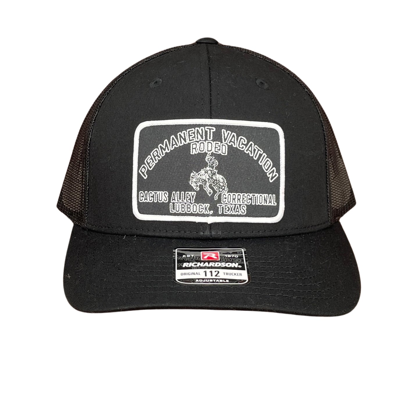 "Permanent Vacation- Blk" - Richardson 112 Black/ Black Mesh, Snapback Cap (WESA JAN 2024)