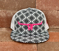 "Cactus Alley Longhorn" Pink Puff - CA Black Aztec/White Mesh, Snapback Cap (2024)