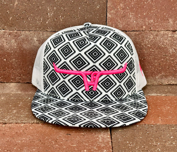 "Cactus Alley Longhorn" Pink Puff - CA Black Aztec/White Mesh, Snapback Cap (2024)