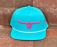 "Cactus Alley Longhorn" Pink Puff - CA Turquoise Laser Holes/ White Rope, Snapback Cap (2024)