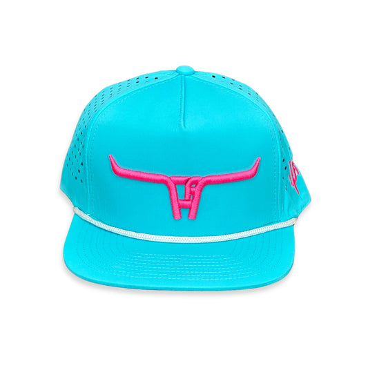"CA Longhorn" Pink Puff - CA Turquoise Laser Holes/ White Rope, Snapback Cap (2024)