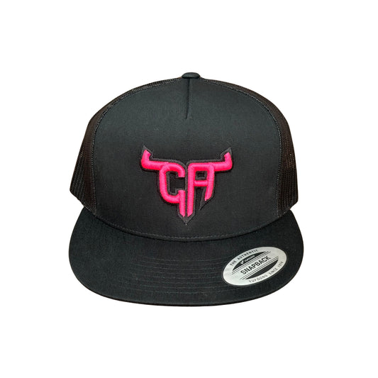 "CA Shorthorn" Pink Puff Stitch - 6006 Black/ Black Mesh, Snapback Cap (2024)