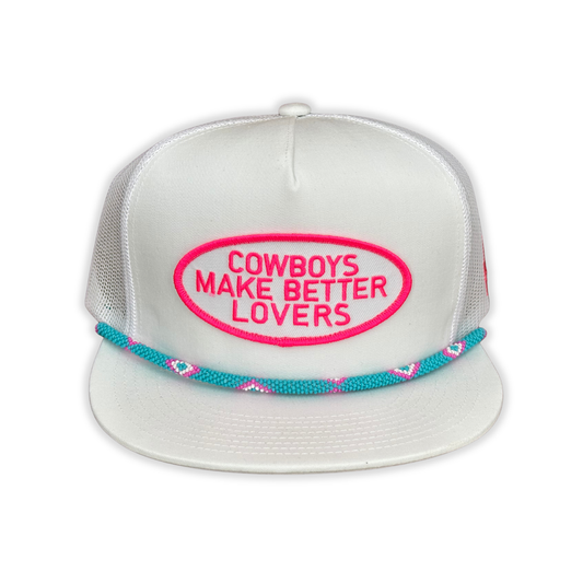 "PW Better Lovers" - CA 6006 White/ White Mesh/ Turquoise Beaded Rope, Snapback Cap