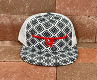 "Cactus Alley Longhorn" Red Puff - Black Aztec/White Mesh, Snapback Cap (2024)