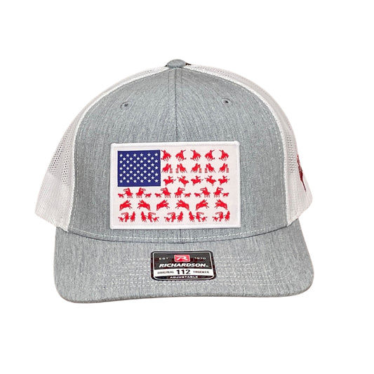 "Rodeo Flag" - Richardson 112 Heather Grey/White Mesh, Snapback Cap (WESA JAN 2024)