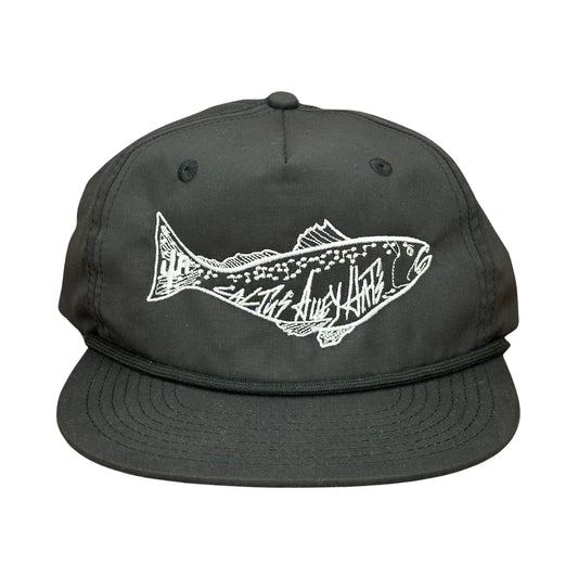 "Saltwater" - CA256 Black/ Black Rope, Snapback Cap- White Stitch (WESA JAN 2024)