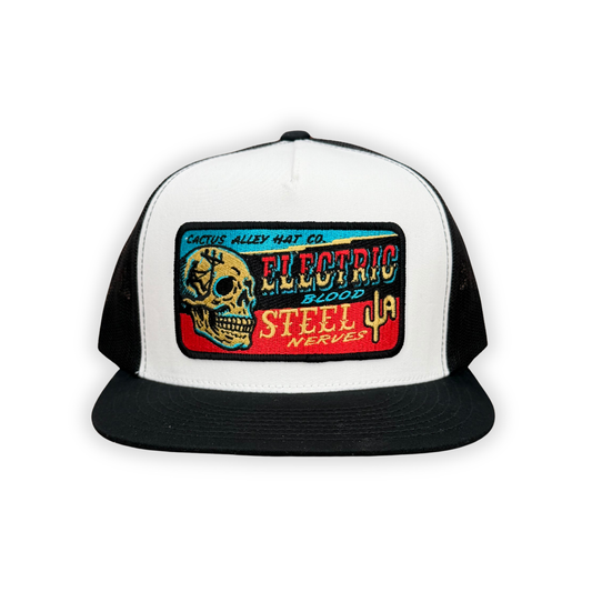 "Steel Nerves" - 6006 Black/White/Black Mesh, Snapback Cap