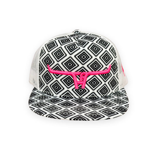 "CA Longhorn" Pink Puff - CA Black Aztec/White Mesh, Snapback Cap (2024)